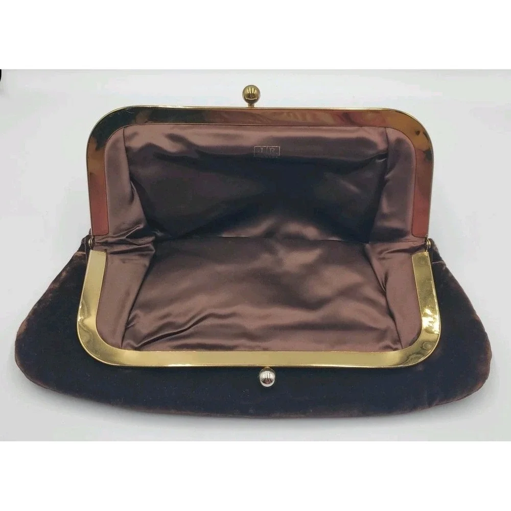 Vtg JR USA Velour Evening Hand Bag‎ Purse Clutch Large Folding Kiss Lock Brown